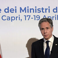 United States Secretary of State Antony Blinken gives a press conference on the last day of the G7 foreign ministers meeting on the Italian island of Capri on April 19, 2024. (Tiziana Fabi/AFP)
