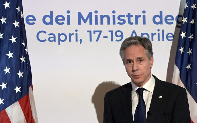 United States Secretary of State Antony Blinken gives a press conference on the last day of the G7 foreign ministers meeting on the Italian island of Capri on April 19, 2024. (Tiziana Fabi/AFP)