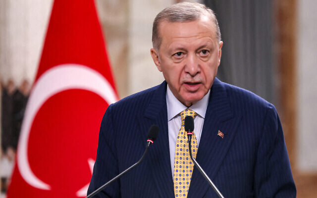 Turkey's President Recep Tayyip Erdogan speaks during a joint statement to the media in Baghdad on April 22, 2024. (AHMAD AL-RUBAYE / POOL / AFP)