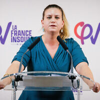 National Assembly parliamentary group President of La France Insoumise (LFI) Mathilde Panot makes  a speech in Marseille on November 23, 2023.  (Clement Mahoudeau/AFP)