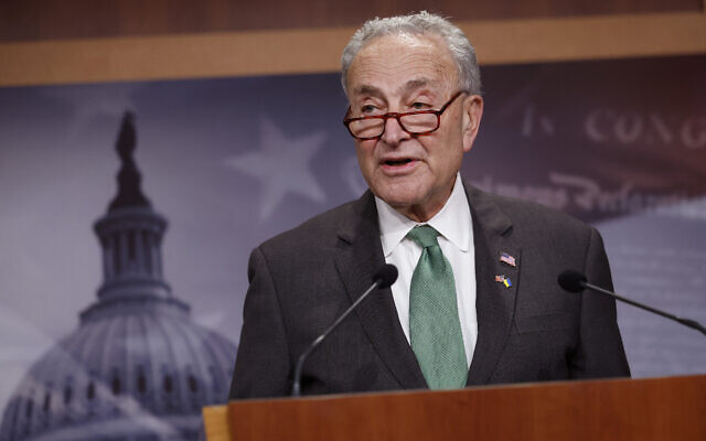 US Senate Majority Leader Chuck Schumer speaks after the Senate passed a foreign aid bill, including billions of dollars in military assistance for Israel, at the US Capitol in Washington on April 23, 2024. (Kevin Dietsch/Getty Images/AFP)