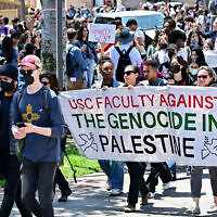 Faculty join pro-Palestinian and anti-Israel students at the University of Southern California in Los Angeles, on April 24, 2024. (Frederic J. Brown/AFP)