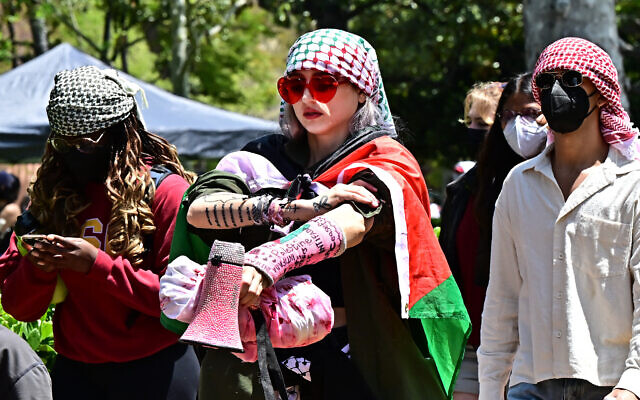 Students attend a pro-Palestinian, anti-Israel rally against the Israel-Hamas war on the campus of the University of Southern California in Los Angeles, on April 24, 2024. (Frederic J. Brown/AFP)
