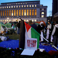 Anti-Israel protesters gather at an encampment at Columbia University campus in New York on April 25, 2024. (Leonardo Munoz/AFP)