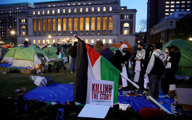 Pro-Palestinian, anti-Israel protesters gather at an encampment at Columbia University campus in New York on April 25, 2024. (Leonardo Munoz/AFP)