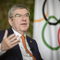 IOC President Thomas Bach speaks during an interview with AFP ahead of the Paris 2024 Olympic Games at the IOC headquarters in Lausanne on April 26, 2024. (Gabriel Monnet/AFP)