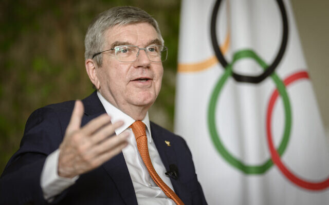 IOC President Thomas Bach speaks during an interview with AFP ahead of the Paris 2024 Olympic Games at the IOC headquarters in Lausanne on April 26, 2024. (GABRIEL MONNET / AFP)