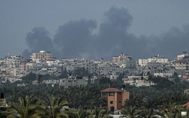 Smoke billows following an Israeli bombardment north of Nuseirat in the central Gaza Strip on April 27, 2024. (AFP)
