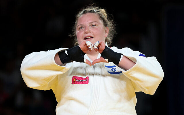 Israel's Raz Hershko reacts after winning against France's Julia Tolofua (unseen) during the women +78 kg individual final bout of the Judo European Championships Seniors at the Arena Zagreb, in Zagreb, Croatia, on April 27, 2024. (Damir Sencar/AFP)
