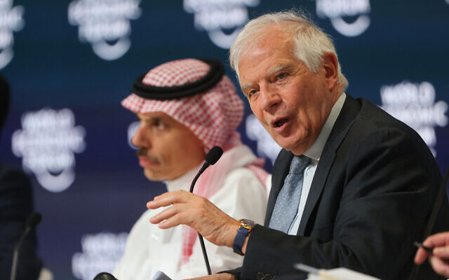 Saudi Foreign Minister Prince Faisal bin Farhan (L) and EU foreign policy chief Josep Borrell  attend the World Economic Forum Special Meeting in Riyadh on April 28, 2024. (Photo by Fayez Nureldine / AFP)