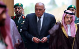 Saudi Foreign Minister Prince Faisal bin Farhan (R) and Egypt's Foreign Minister Sameh Shoukry (C) arrive to attend a meeting with their European counterparts held in Riyadh on April 29, 2024. (Fayez Nureldine / AFP)