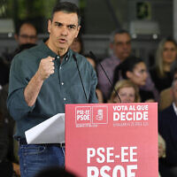 File: Spanish Prime Minister Pedro Sanchez gestures as he delivers a speech during the Basque Socialist Party (PSE) closing campaign meeting in Bilbao on April 19, 2024 ahead of regional elections in the Basque Country. (Ander Gillenea/AFP)