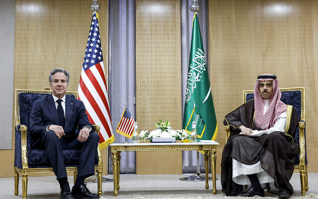 Saudi Arabia's Foreign Minister Prince Faisal bin Farhan (R) receives US Secretary of State Antony Blinken at the Gulf Cooperation Council (GCC) Secretariat in Riyadh on April 29, 2024. (Evelyn Hockstein/Pool/AFP)