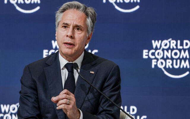 US Secretary of State Antony Blinken speaks at a panel during the World Economic Forum (WEF) in Riyadh on April 29, 2024. (Evelyn Hockstein/Pool/AFP)