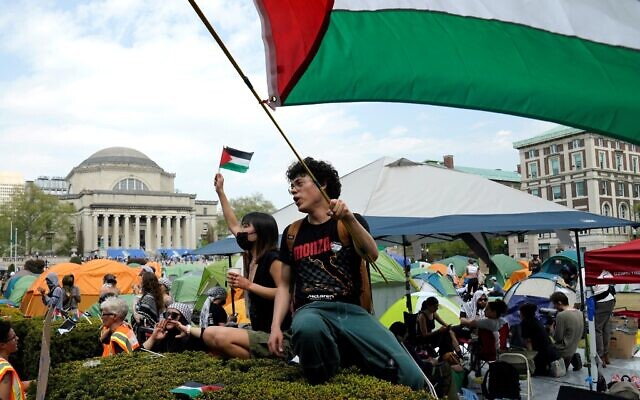 Anti-Israel US protesters wave Palestinian flags on the West Lawn of Columbia University on April 29, 2024 in New York. (Photo by TIMOTHY A. CLARY / AFP)
