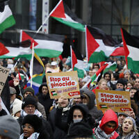 Demonstrators hold signs and wave flags during a pro-Palestinian, anti-Israel rally in Brussels on January 21, 2024. (AP/Geert Vanden Wijngaert)