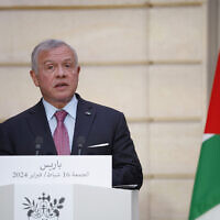 File: Jordan's King Abdullah II speaks during a joint statement with French President Emmanuel Macron, February 16, 2024 at the Elysee Palace in Paris. (Yoan Valat, Pool via AP)
