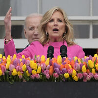 US First Lady Jill Biden speaks as President Joe Biden looks on at the White House Easter Egg Roll, April 1, 2024, in Washington. (AP Photo/Evan Vucci)