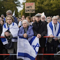 People listen to speeches during a demonstration against antisemitism and to show solidarity with Israel in Berlin, Germany, on October 22, (Markus Schreiber/AP)
