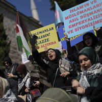 Pro-Palestinian, anti-Israel protestors in Istanbul, Turkey, April 5, 2024. (AP Photo/Khalil Hamra)
