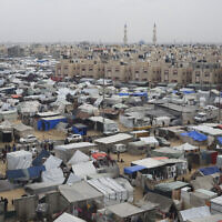 A tent camp housing Palestinians displaced by the Israeli offensive is seen in Rafah, Gaza Strip, February 27, 2024. (Hatem Ali/AP)