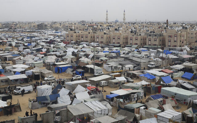 A tent camp housing Palestinians displaced by the Israeli offensive is seen in Rafah, Gaza Strip, February 27, 2024. (Hatem Ali/AP)