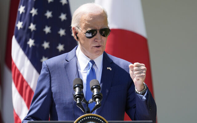 United States President Joe Biden speaks during a news conference with Japanese Prime Minister Fumio Kishida (unpictured) in the Rose Garden of the White House in Washington, April 10, 2024. (AP Photo/Alex Brandon)