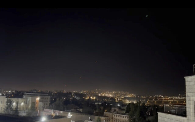 Interceptors missiles are launched into the sky, early on April 14, 2024, in Jerusalem. (AP Photo/Sam Mednick)