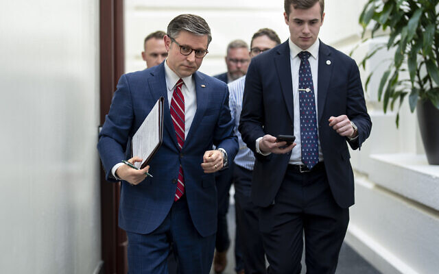 House Speaker Mike Johnson, R-La., left, arrives for a closed-door meeting with fellow Republicans at the Capitol in Washington, Monday, April 15, 2024. (AP/J. Scott Applewhite)