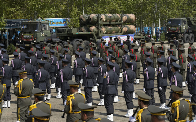 A Russian-made S-300 air defense system is carried on a truck during Army Day parade at a military base in northern Tehran, Iran, Wednesday, April 17, 2024. (AP/Vahid Salemi)