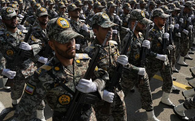 Iranian army members march during Army Day parade at a military base in northern Tehran, Iran, April 17, 2024 (AP Photo/Vahid Salemi)
