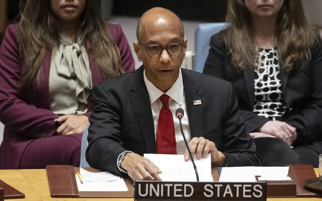 Robert Wood, US ambassador to the United Nations, speaks during a Security Council meeting on a resolution that would have recognized the Palestinians as a full UN member state, at United Nations headquarters, April 18, 2024, (AP Photo/Yuki Iwamura)