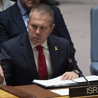 Israeli Ambassador to the United Nations Gilad Erdan speaks during a Security Council meeting on a resolution that would have recognized the Palestinians as a full UN member state, at United Nations headquarters, April 18, 2024. (AP Photo/Yuki Iwamura)
