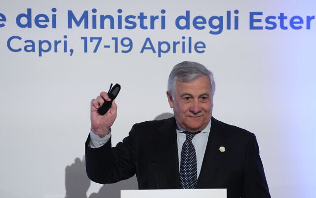 Italian Foreign Minister Antonio Tajani speaks to reporters during the final press conference at the G7 Foreign Ministers meeting on Capri Island, Italy, April 19, 2024. (AP Photo/Gregorio Borgia)