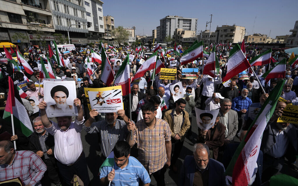 Iranian worshippers attend an anti-Israeli gathering after Friday prayers in Tehran, Iran, April 19, 2024. (AP Photo/Vahid Salemi)