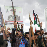 A Houthi anti-Israel and anti-US rally in Sanaa, Yemen, April 19, 2024. (Osamah Abdulrahman/AP Photo)
