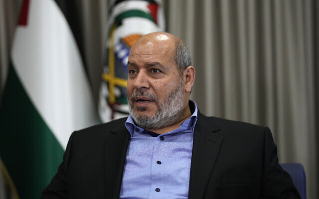 Senior Hamas politburo official Khalil al-Hayya, speaks during an interview with The Associated Press, in Istanbul, Turkey, Wednesday, April 24, 2024. (AP Photo/Khalil Hamra)