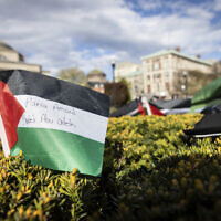 A Palestinian flag is displayed at a pro-Palestinian, anti-Israel demonstration encampment at Columbia University in New York on April 24, 2024. (Stefan Jeremiah/AP)