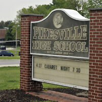 This undated photo shows the The Pikesville High School sign on the school property, in the Baltimore area, Maryland, on April 25, 2024. (Lloyd Fox/The Baltimore Sun via AP)
