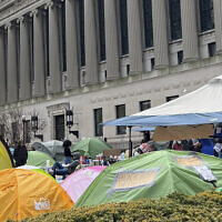 Anti-Israel protesters camp out in tents at Columbia University on April 27, 2024 in New York. (AP Photo)