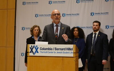 Ted Deutch, head of the American Jewish Committee, speaks at Columbia's center for Jewish life, April 26, 2024. (Luke Tress)
