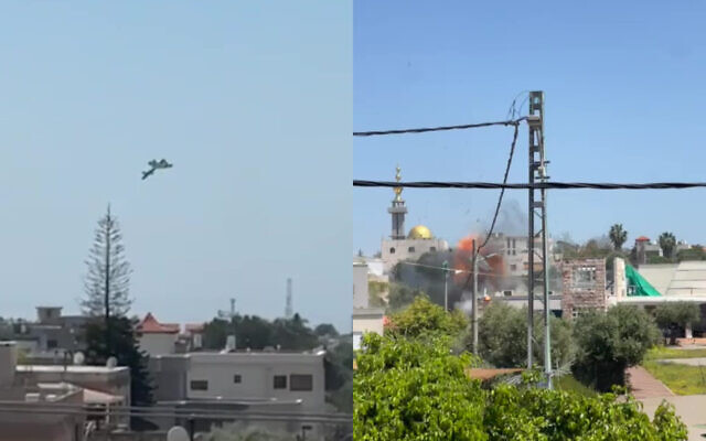 A drone fired by Hezbollah from Lebanon hits a a community center in the northern border community of Arab al-Aramshe on April 17, 2023 (Screen capture X: used in accordance with Clause 27a of the Copyright Law)