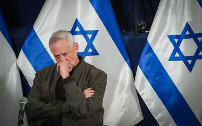 War cabinet minister Benny Gantz attends a press conference at the Defense Ministry in Tel Aviv on December 16, 2023. (Noam Revkin Fenton/Flash90)