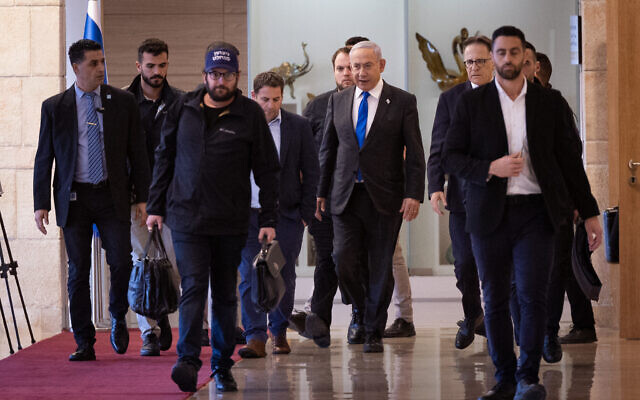 File - Prime Minister Benjamin Netanyahu arrives for a Likud meeting at the Knesset, Jerusalem on February 5, 2024. (Yonatan Sindel/Flash90)