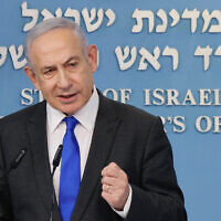 Prime Minister Benjamin Netanyahu speaks during a press conference in Jerusalem on March 31, 2024. (Marc Israel Sellem/Flash90)