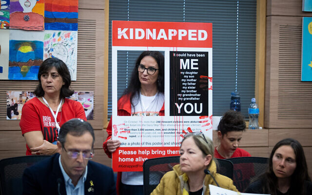 Relatives of Israelis held hostage by Hamas in the Gaza Strip attend the Knesset lobby for their release, at the Knesset in Jerusalem, April 10, 2024. (Oren Ben Hakoon/Flash90)