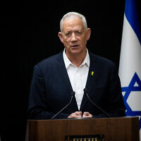Head of the National Unity party Minister Benny Gantz holds a press conference at the Knesset, the Israeli parliament in Jerusalem, April 21, 2024. (Oren Ben Hakoon/Flash90)