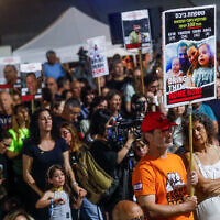 People attend an event organized by hostage families marking 200 days of captivity in Gaza at Hostage Square in Tel Aviv, April 23, 2024. (Miriam Alster/Flash90)