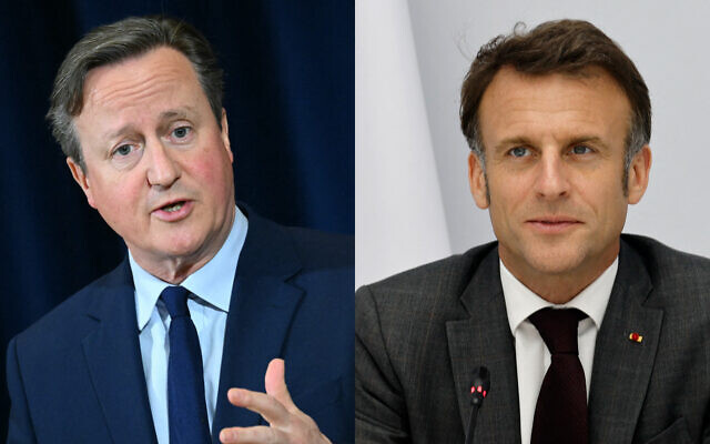 Left: British Foreign Secretary David Cameron speaks in Washington, DC, on April 9, 2024 (Mandel NGAN / AFP); Right: France's President Emmanuel Macron in Paris, on April 12, 2024 (Ludovic MARIN / POOL / AFP)