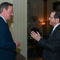 UK Foreign Minister David Cameron, left, meets with President Isaac Herzog in Jerusalem, April 17, 2024. (Maayan Toaf / GPO)